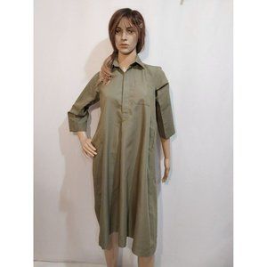 Vtg Olive Green Pinstriped Collared Poplin A Line Midi Dress Pockets See Measure